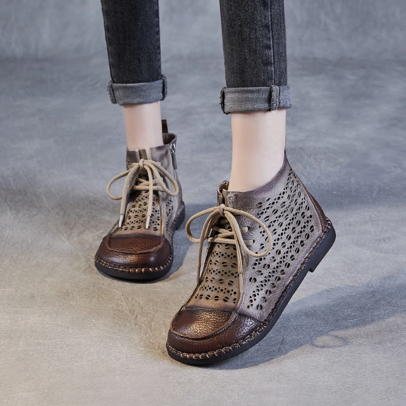 头层牛皮百搭凉鞋平底复古拼色透气皮靴女系带凉靴手工软底民族风