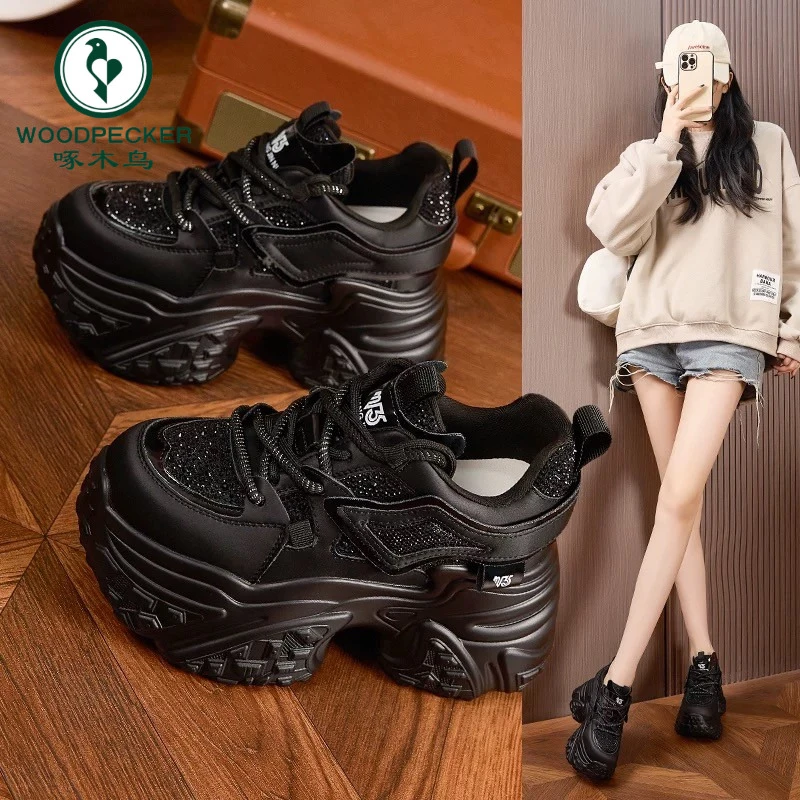 啄木鸟内增高厚底老爹鞋女鞋2024新款冬季加绒小个子显脚小运动鞋