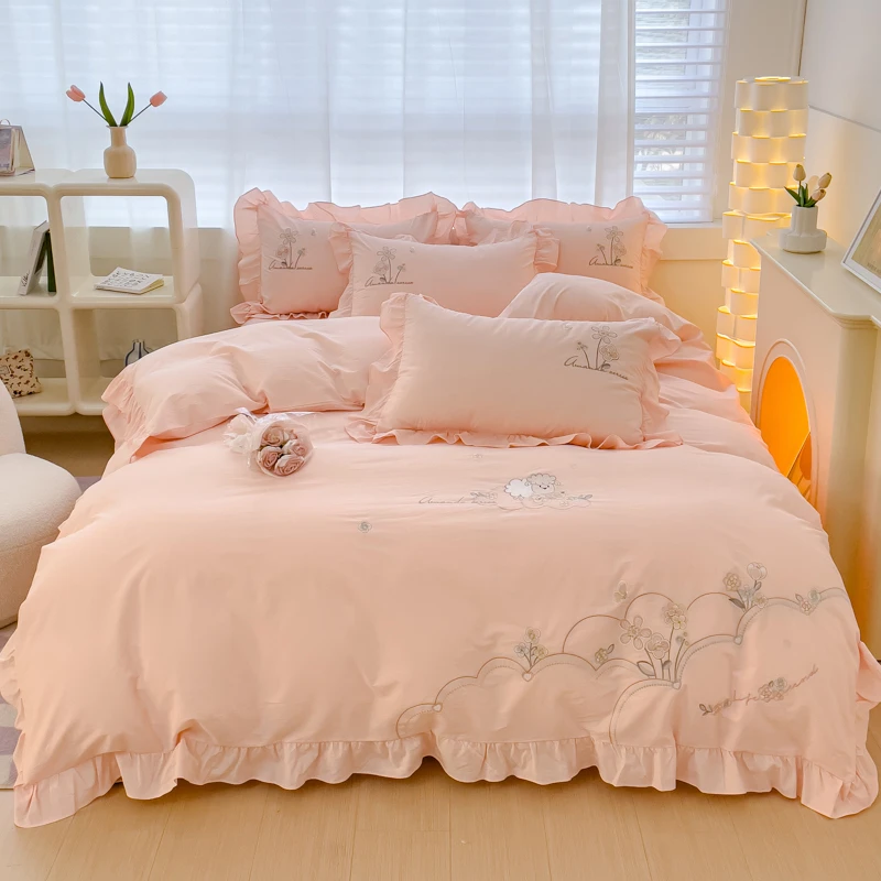 韩版A类全棉水洗棉刺绣四件套小清新100%纯棉绣花4件套