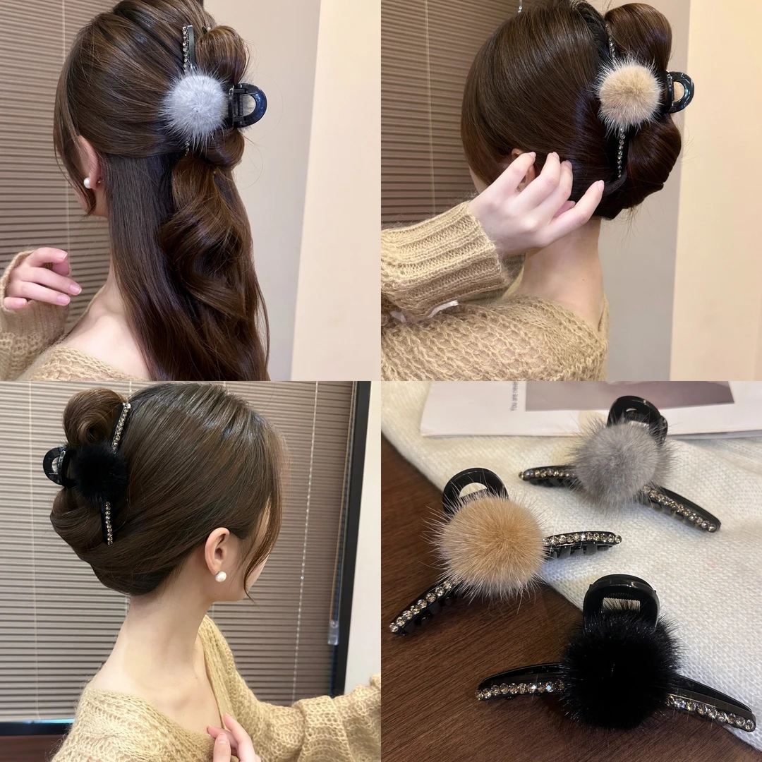 秋冬毛球水钻发夹抓夹发抓大号盘发鲨鱼夹头饰毛绒绒发饰