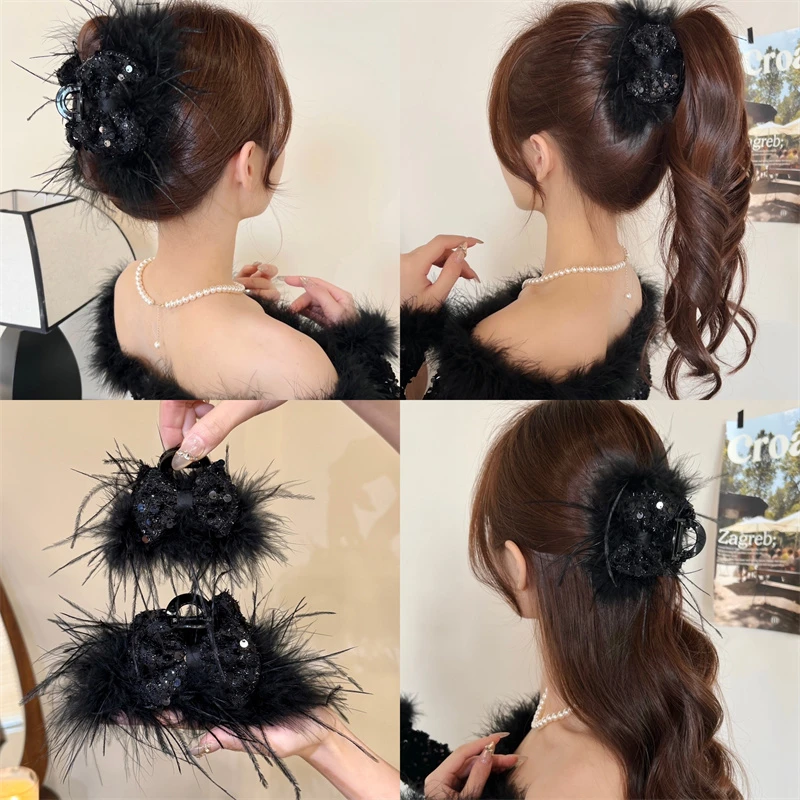 秋冬新款羽毛抓夹女高级感后脑勺盘发发夹毛绒鲨鱼夹女头饰