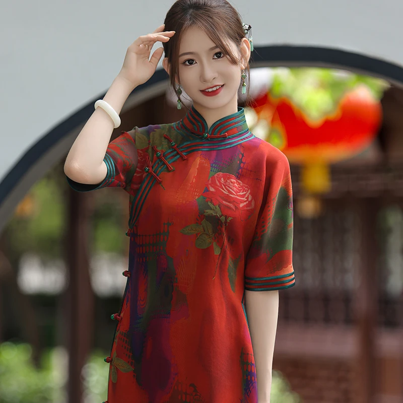 曦涵玥原创*夜玫瑰* 重绉真丝香云纱旗袍定制重工2024秋季