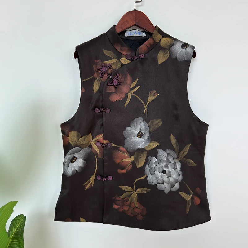 豆豆定制*墨春娇*真丝手绘香云纱夹棉马甲保暖2024冬季新品