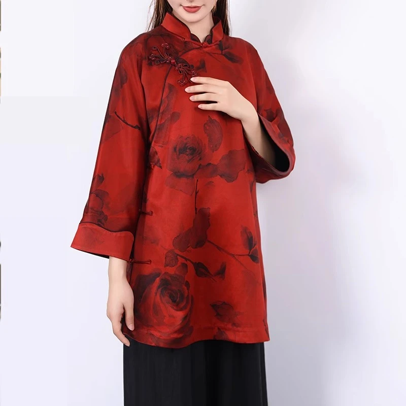 曦涵玥*墨红玫瑰*真丝香云纱立领中长旗袍上衣太太服红色