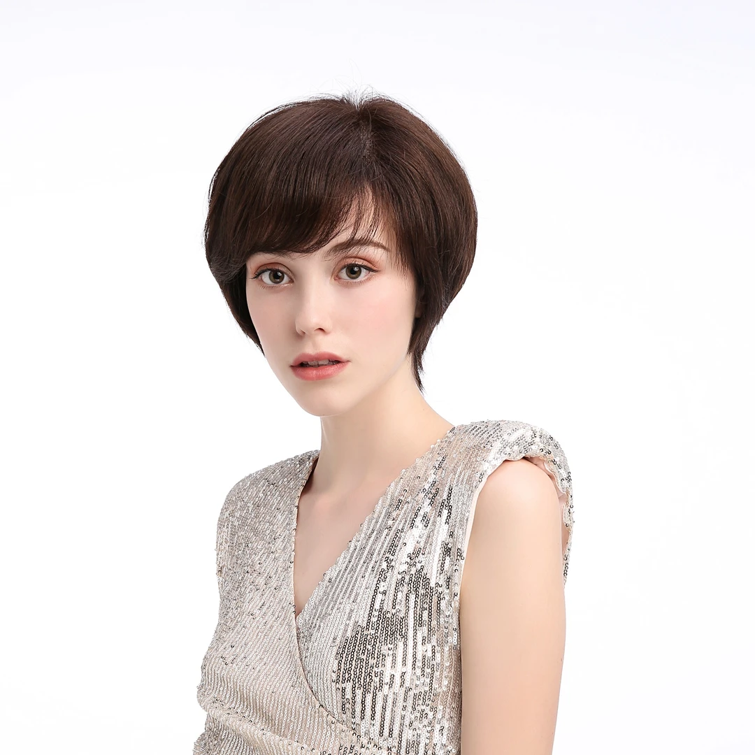 Iremy Me艾瑞美假发全头套女士全真人发丝刘海短发遮白发气质减龄