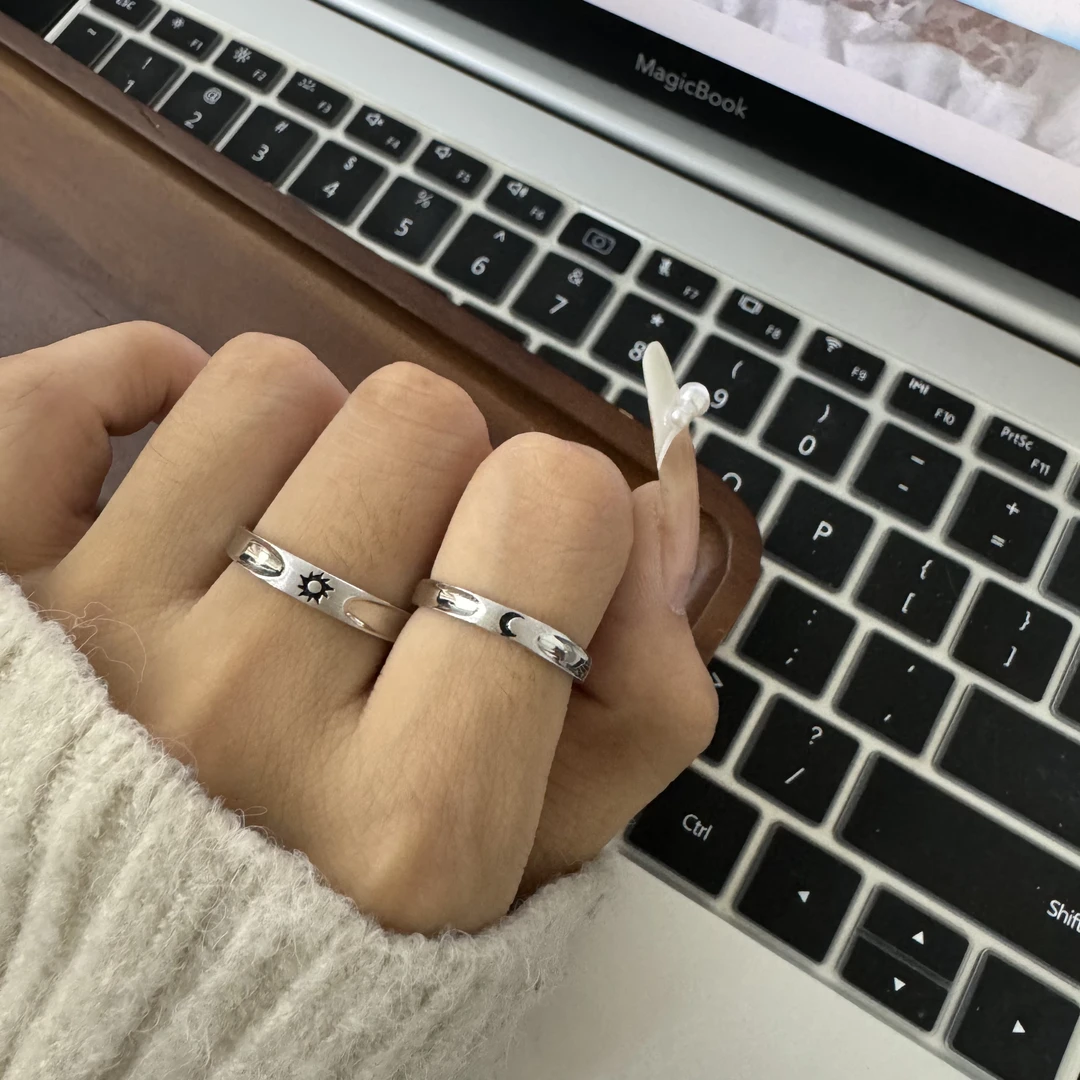 925银戒指 纯银日月之恋情侣戒指可调节