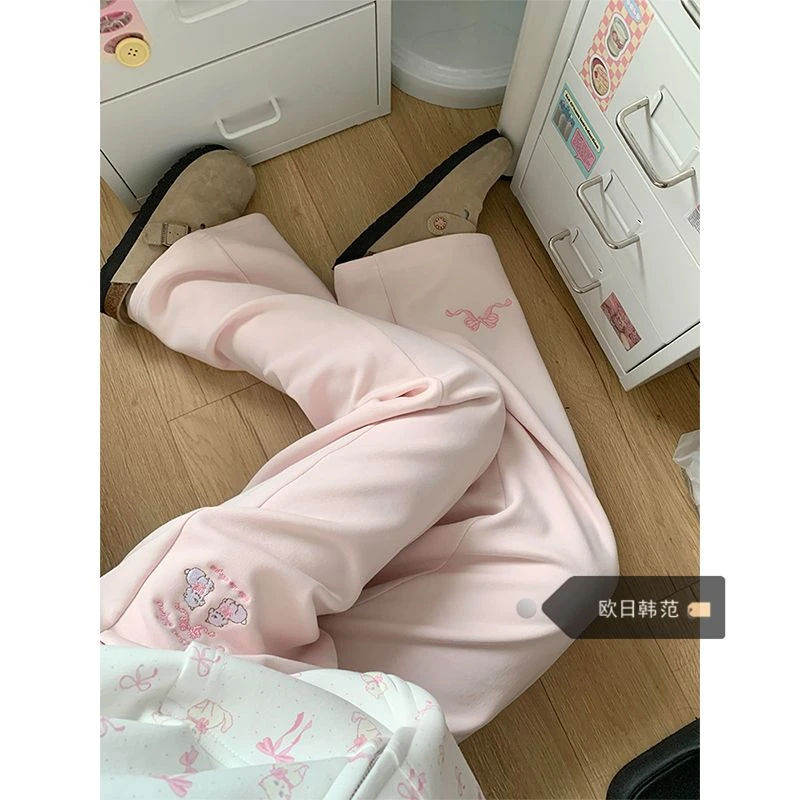 2024秋冬甜美刺绣蝴蝶结卡通休闲裤女秋冬宽松加绒阔腿潮外穿