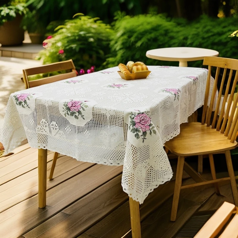 2425-3【120*180cm】米色绣花多功能长方形餐桌桌布复古镂空盖布