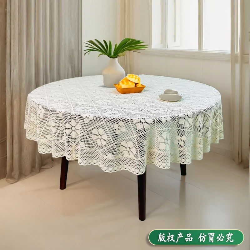 12259v【180cm圆形】桌布圆桌棉线钩花镂空蕾丝桌布