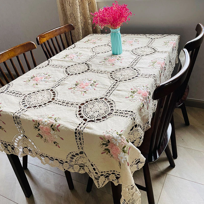 0571丝带绣相拼手工钩针桌布沙发巾咖啡桌盖布复古轻奢
