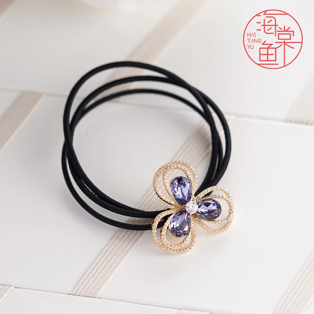 FJ3452【施华洛】紫蓝三叶花头绳