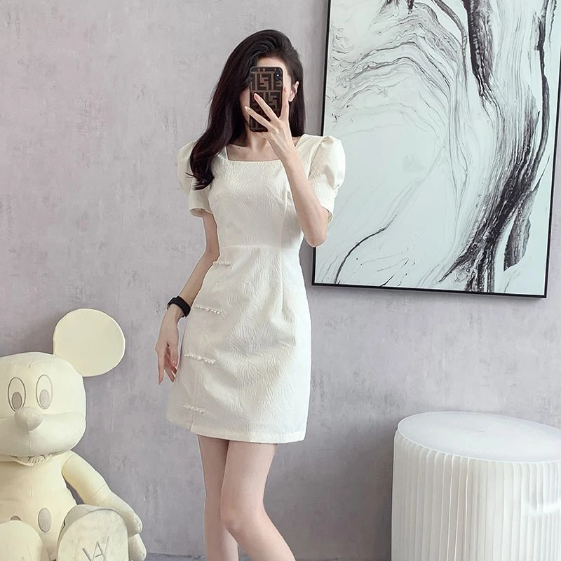 新中式提花复古改良旗袍裙女夏季收腰方领泡泡袖包臀连衣裙