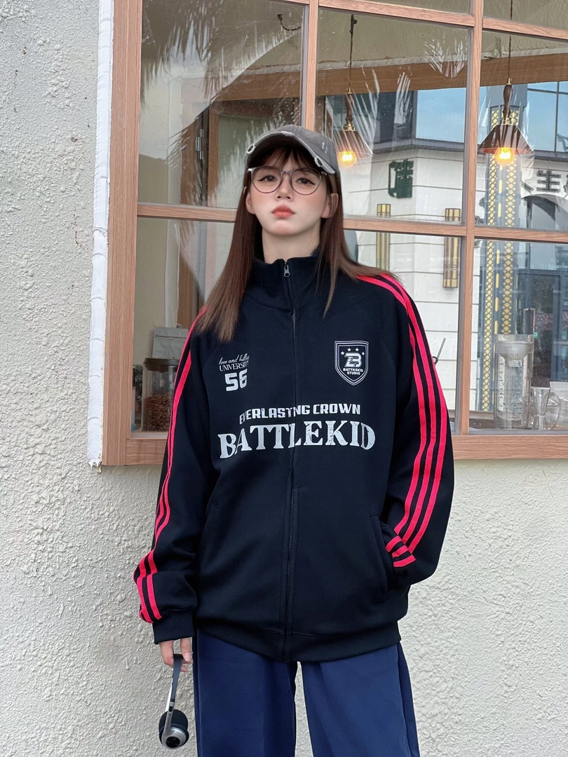 复古美式球衣风三条杠立领卫衣男女春秋宽松拉链开衫外套潮牌上衣