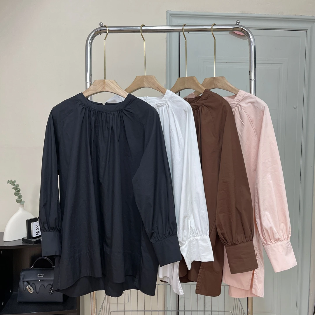 nini家日系大版早秋高质感圆领宽松显瘦小众薄款廓版衬衫长袖衬衫