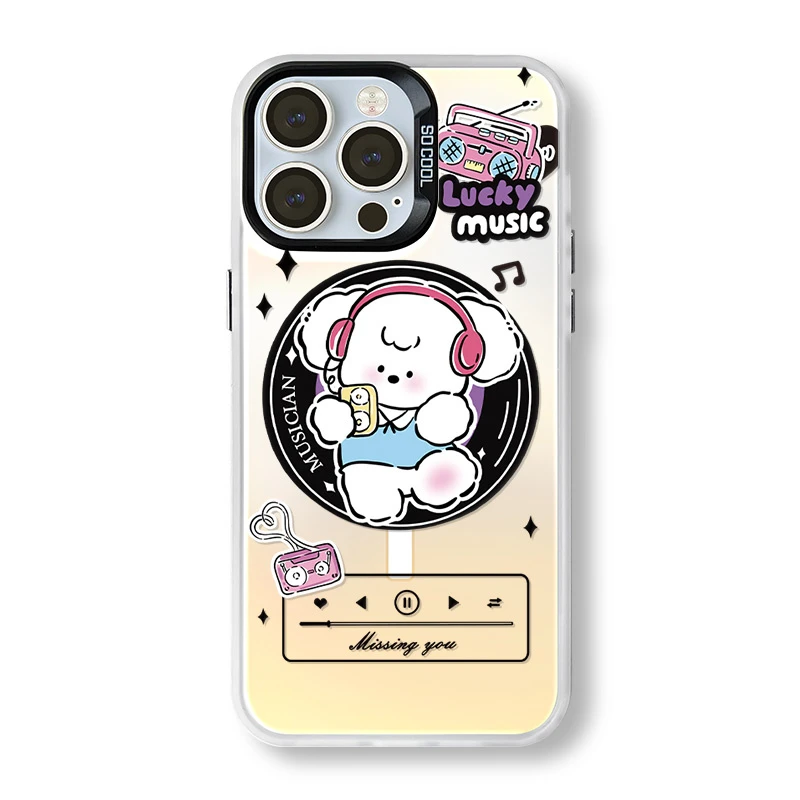 听歌小狗｜适用苹果16全系镭射磁吸保护壳可爱情侣创意个性ins卡通