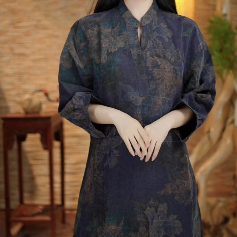 【骑袍非遗】定制香云纱老料定制皮子龟紫牡丹装大码裙袍