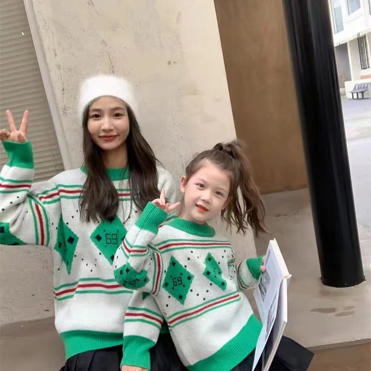 7078拼色打底宽松慵懒风毛衣秋冬新款女童亲子冬季爆款针织衫