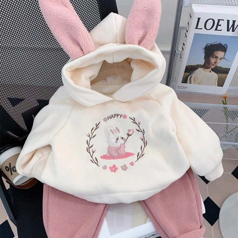 9076女童加绒卫衣冬季兔耳朵女宝宝冬装加厚连帽上衣