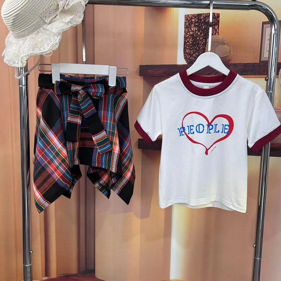 1348女童夏季时髦洋气儿童女孩印花T恤蝴蝶结格子裙裤两件套