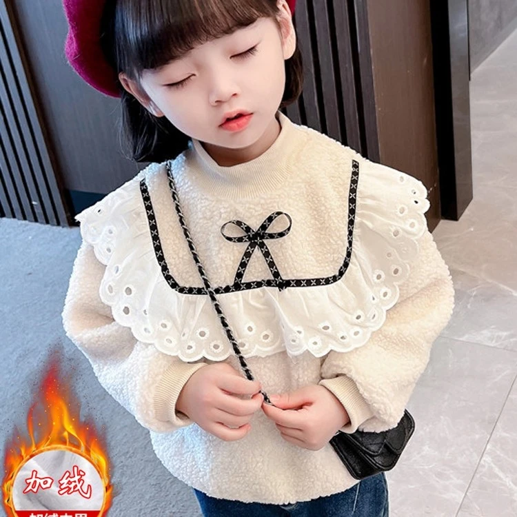 5759新款时尚女童花边颗粒绒加厚棉质加绒冬季卫衣