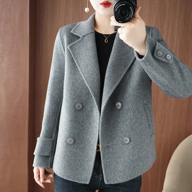 新款双面呢羊毛大衣女短款高端小个子纯羊毛呢子西装领外套
