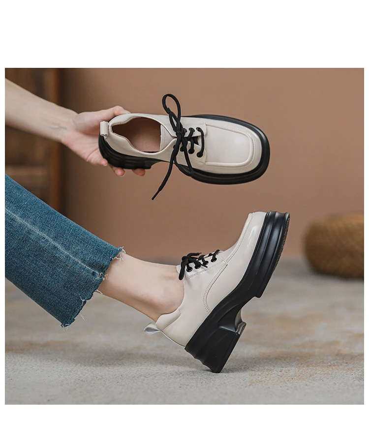 2025年新款英伦风松糕厚底系带小皮鞋女轻便厚底乐福鞋