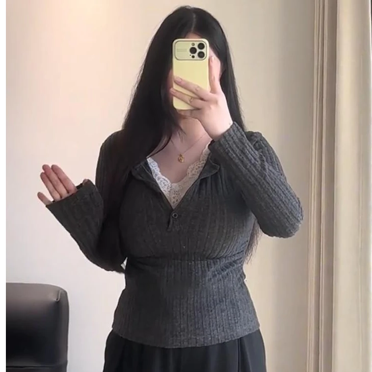 大码女装微胖mm蕾丝拼接V领打底衫2025春季显瘦设计感针织衫上衣