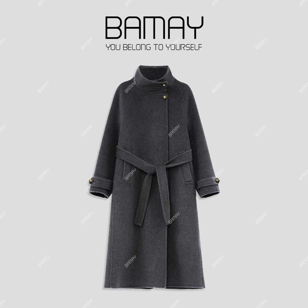 【BAMAY】双面呢大衣高定款宽松时尚立领收腰大衣TXH243DY2D