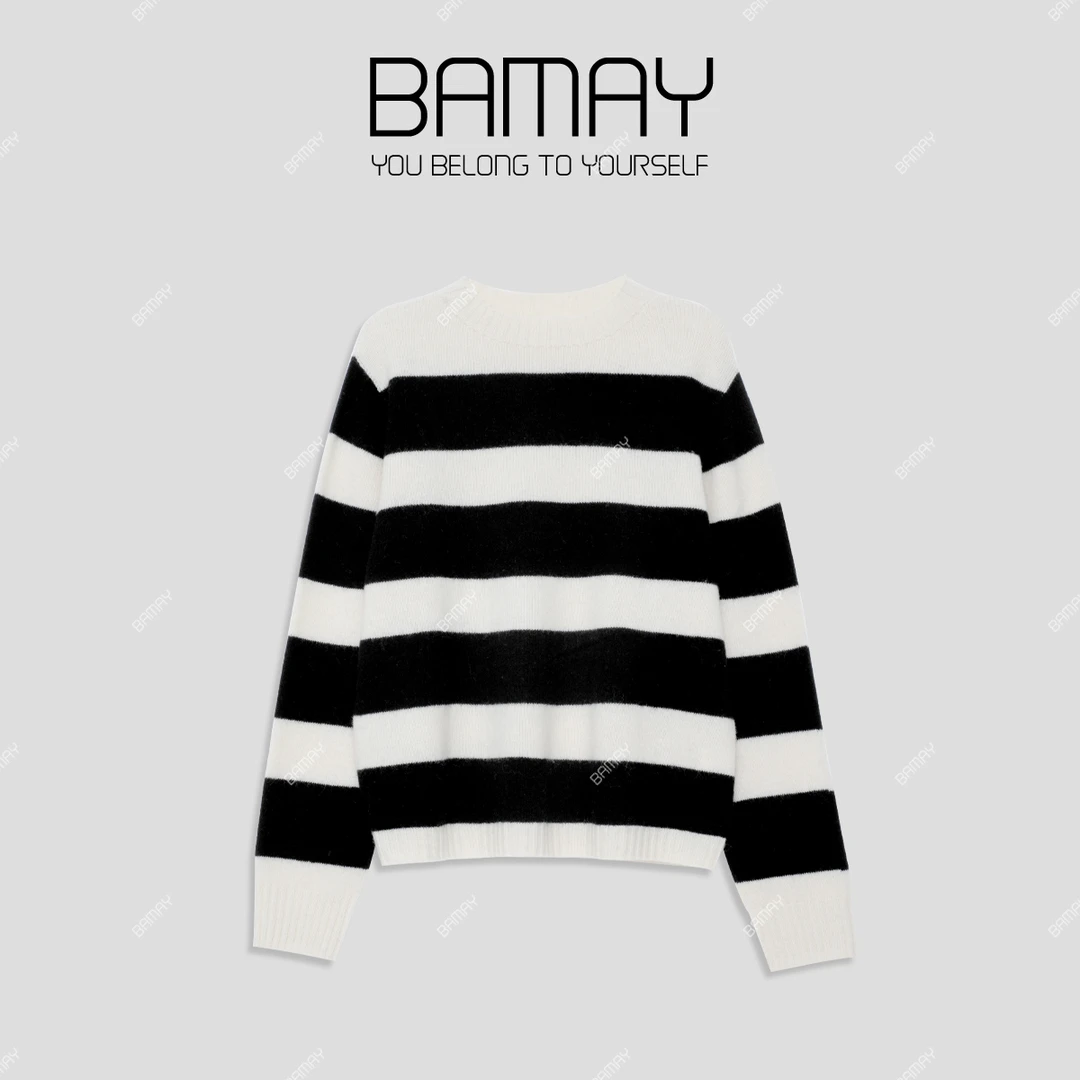 【BAMAY】宽松韩版100羊毛慵懒风条纹女针织衫BM243MY137D
