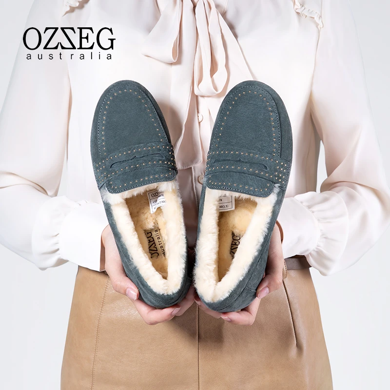 OZZEG澳泽格豆豆鞋女加绒厚底软底真皮一脚蹬孕妇乐福鞋ZN4878