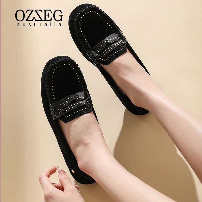 OZZEG豆豆鞋2024春秋季真皮铆钉软底一脚蹬平底舒适单鞋女Z20106