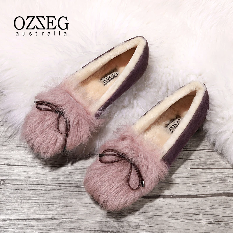 OZZEG豆豆鞋女冬加绒新款皮毛一体保暖孕妇防滑真皮女棉鞋ZN4868