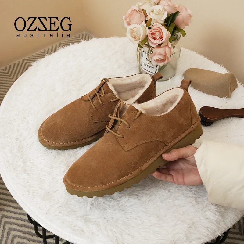 OZZEGOZZEG休闲加绒加厚皮毛一体保暖男女士冬季休闲乐福鞋23D02