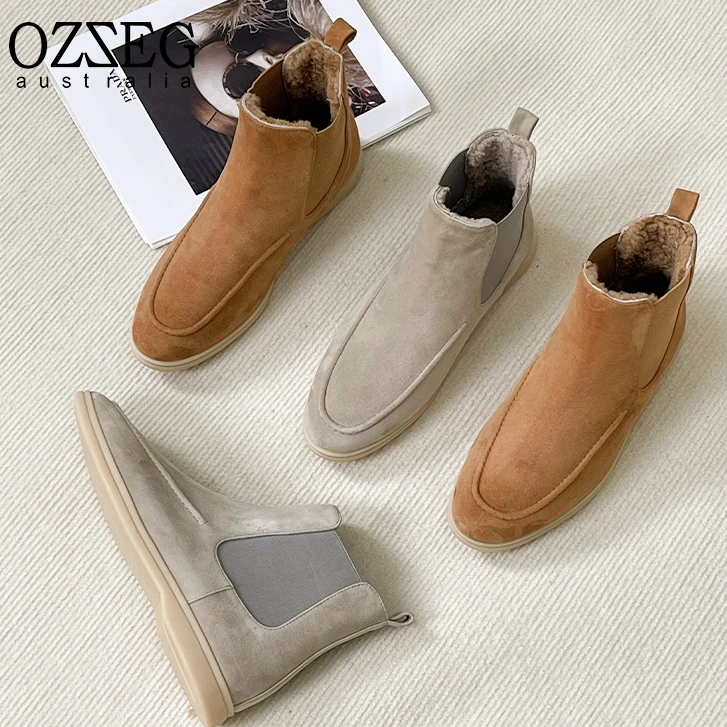 OZZEG雪地靴女冬季加绒2024新款切尔西靴皮毛一体短靴23D10【专属】