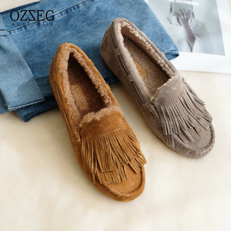 OZZEG澳泽格2023新款豆豆鞋女冬真皮时尚百搭棉鞋23D07加绒保暖