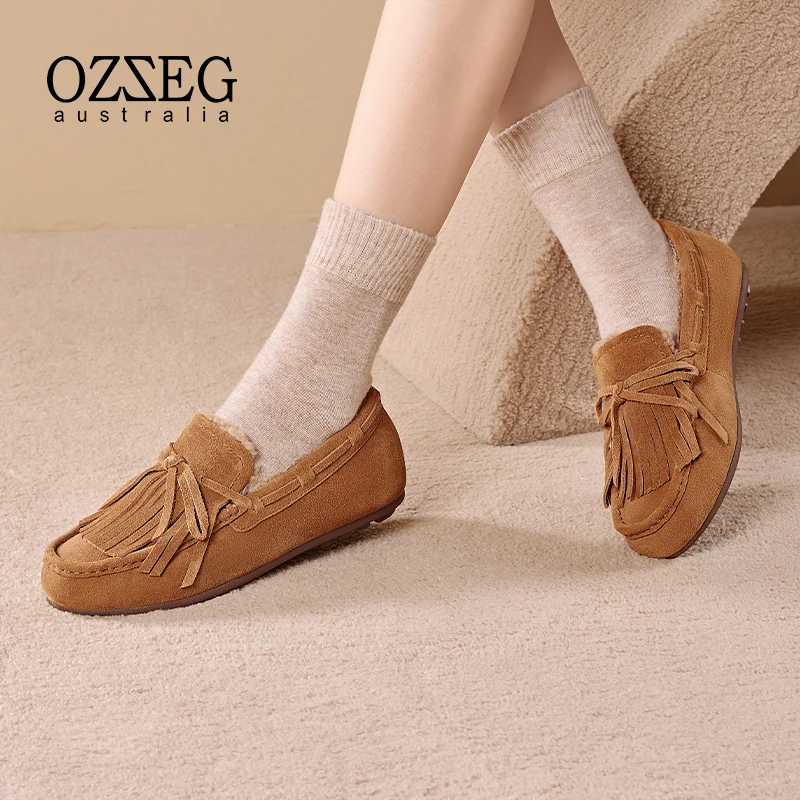 OZZEG澳泽格2024新款豆豆鞋女冬加绒加厚真皮保暖毛毛鞋棉鞋23D05