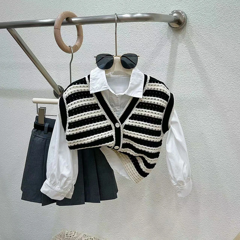 韩国童装2025春季女童套装条纹休闲洋气开衫上衣半身裙学院风短裙