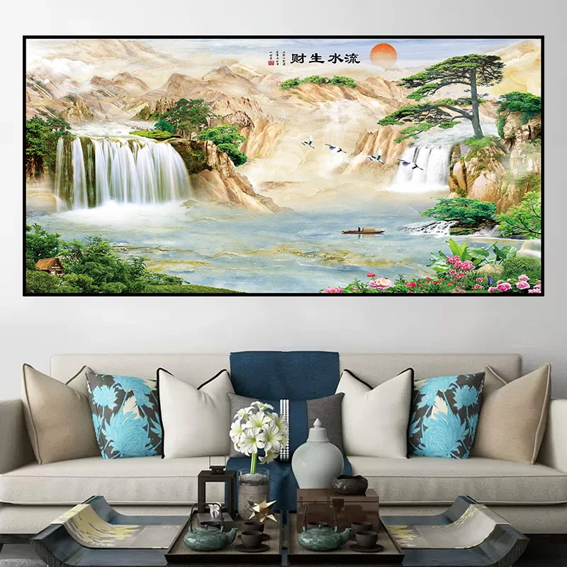 新中式流水生财山水装饰画客厅办公室沙发背景墙贴自粘贴墙上壁画