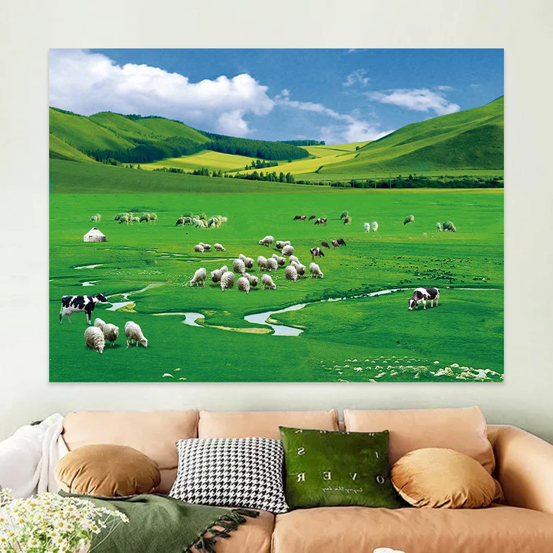 青青草原自然风景画餐厅书房客厅背景装饰画现代简约绿色自粘墙贴