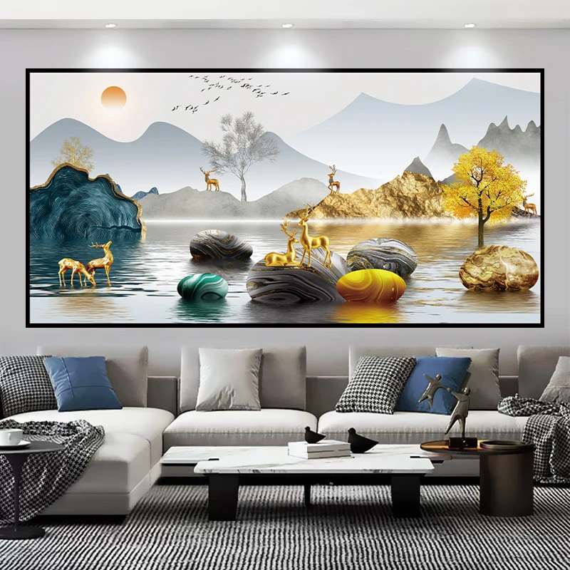 吉祥麋鹿客厅沙发电视背景墙装饰画自粘墙面贴纸现代简约高端贴画