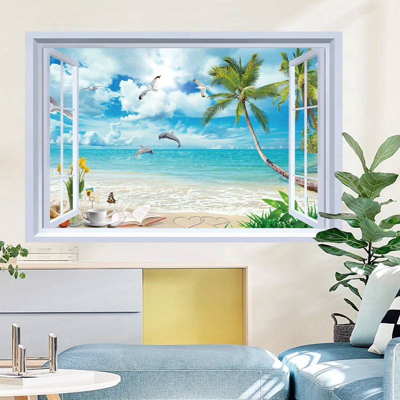 客厅卧室房间床头贴画自粘墙面贴纸现代风阳光沙滩窗外海景装饰画