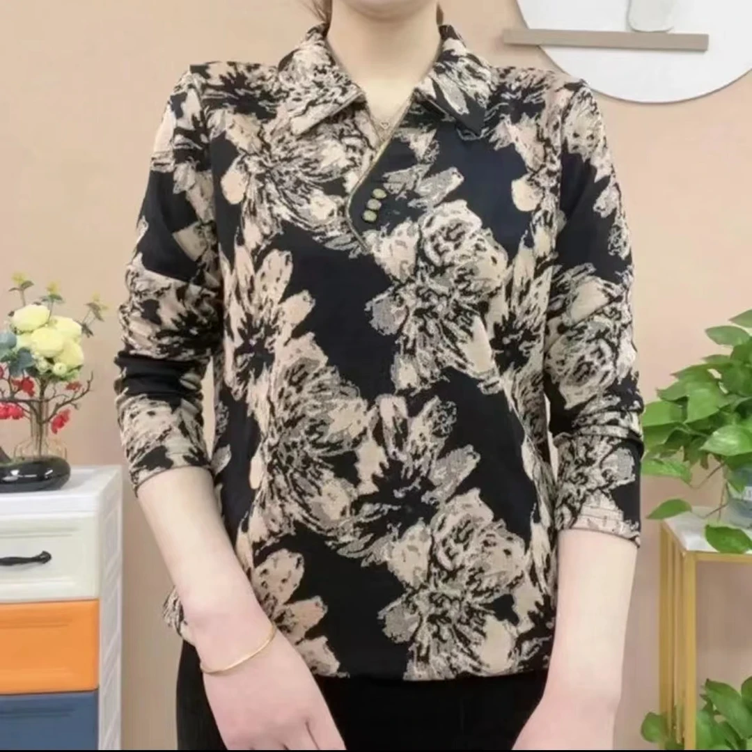 妈妈春秋装洋气长袖小衫翻领网红爆款打底衫中年女士宽松显瘦T恤