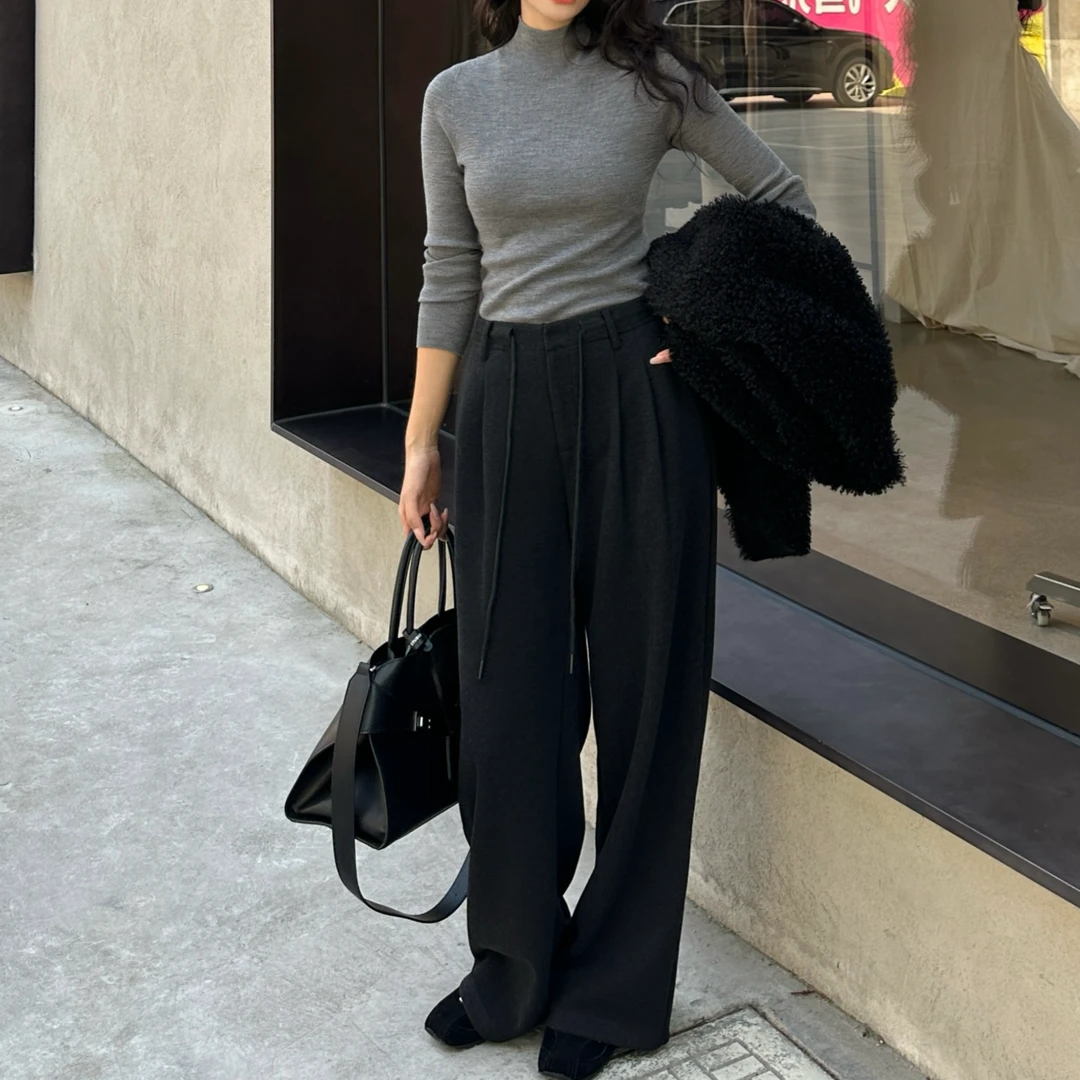 秋冬松紧腰遮肉显瘦百搭阔腿毛呢裤F149阔腿裤
