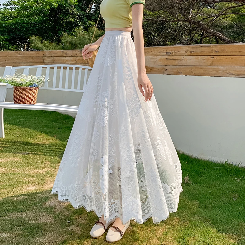 超仙垂坠感半身裙中长款女钩花蕾丝宫廷风时尚超大摆遮胯网纱裙子