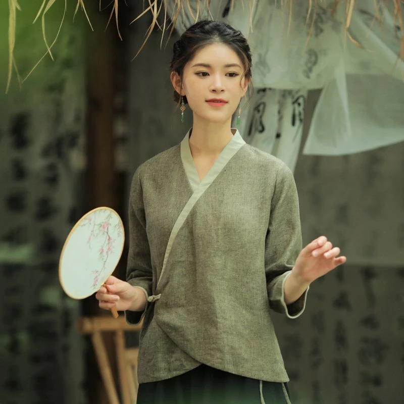 汉服改良中国风春夏上衣年轻款茶服女禅意文艺中式高级素衣禅服款