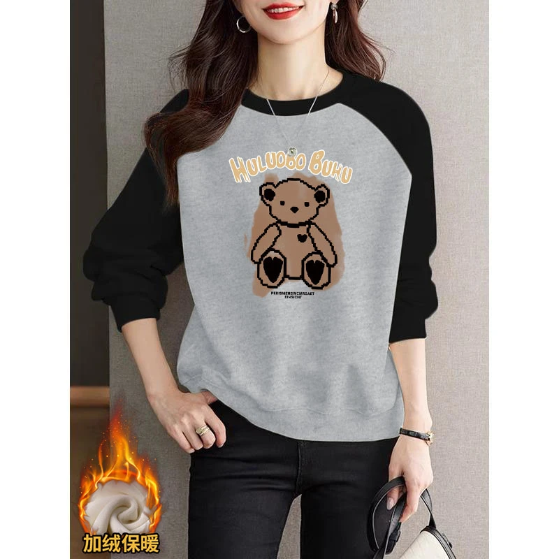 休闲插肩卫衣时尚百搭气质加厚圆领秋冬2024长袖女士加绒印花上衣