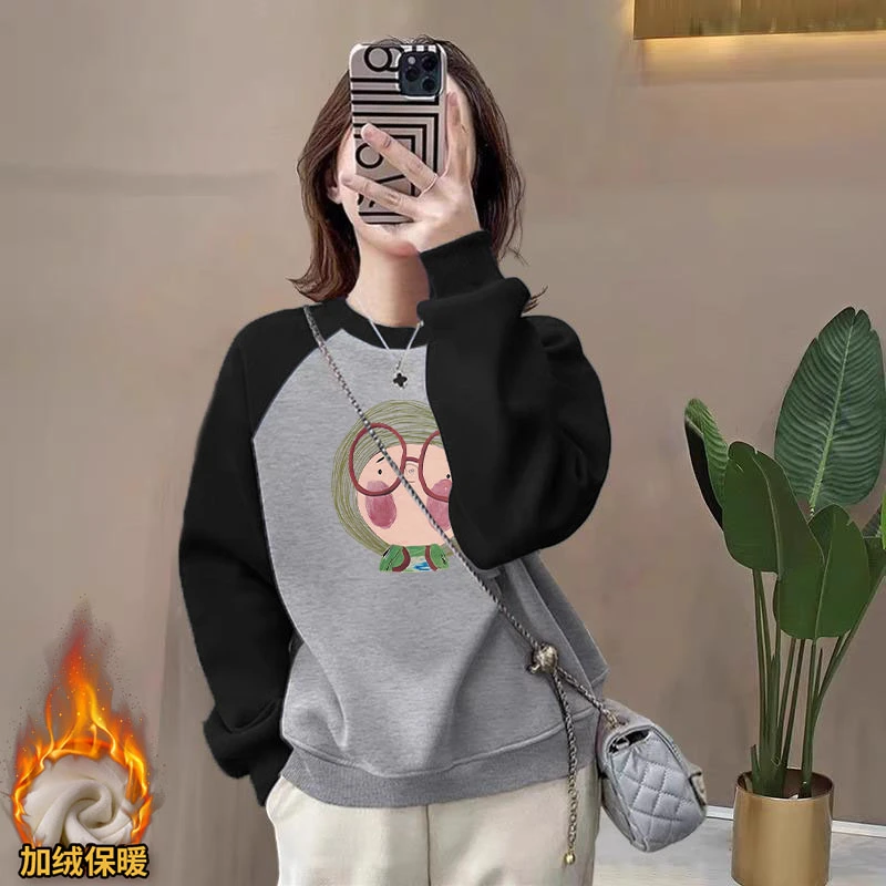 卫衣女加绒保暖学院风休闲韩版秋冬2024插肩圆领百搭气质长袖上衣