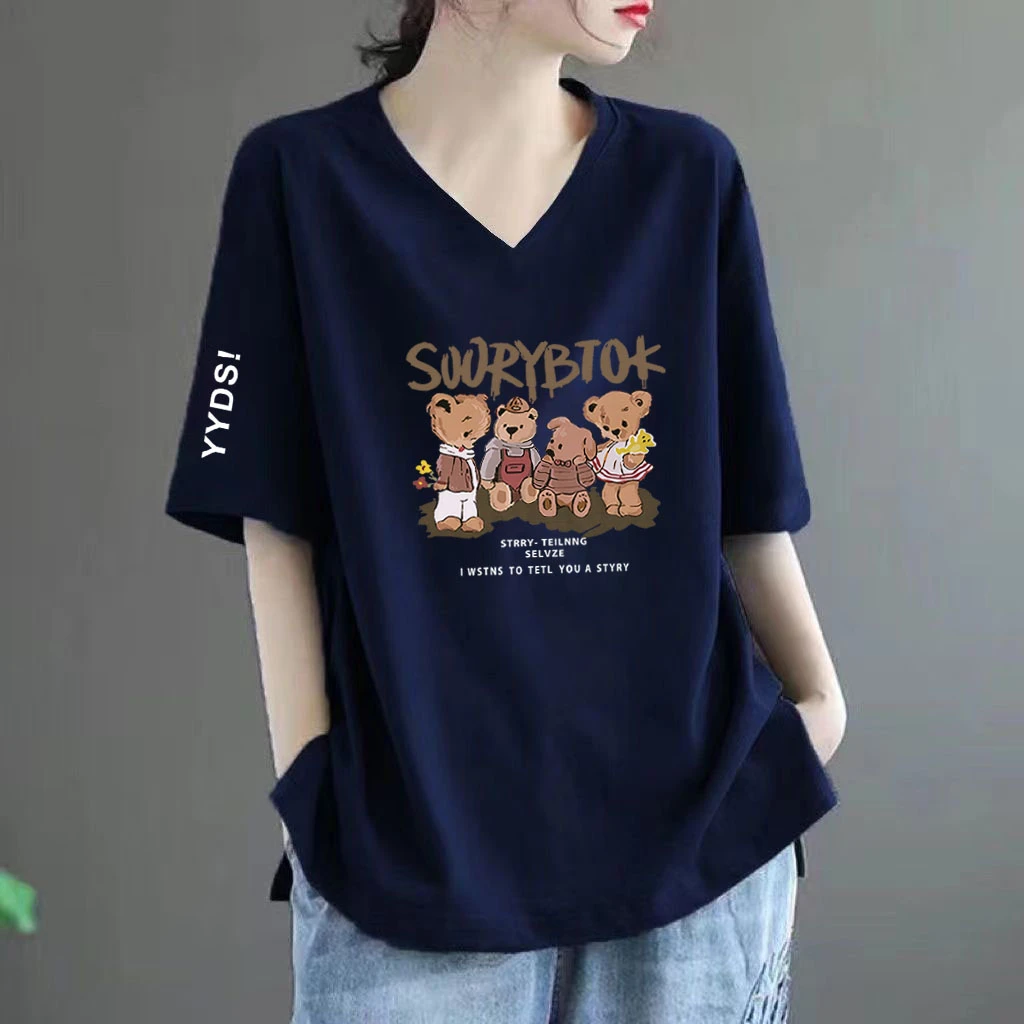 清仓捡漏~100%纯棉夏季新款设计感V领洋气印花宽松短袖t恤上衣女