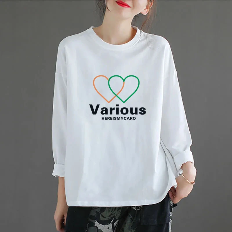 100%纯棉长袖T恤女款宽松200斤大码遮肉遮肚设计感印花显瘦上衣