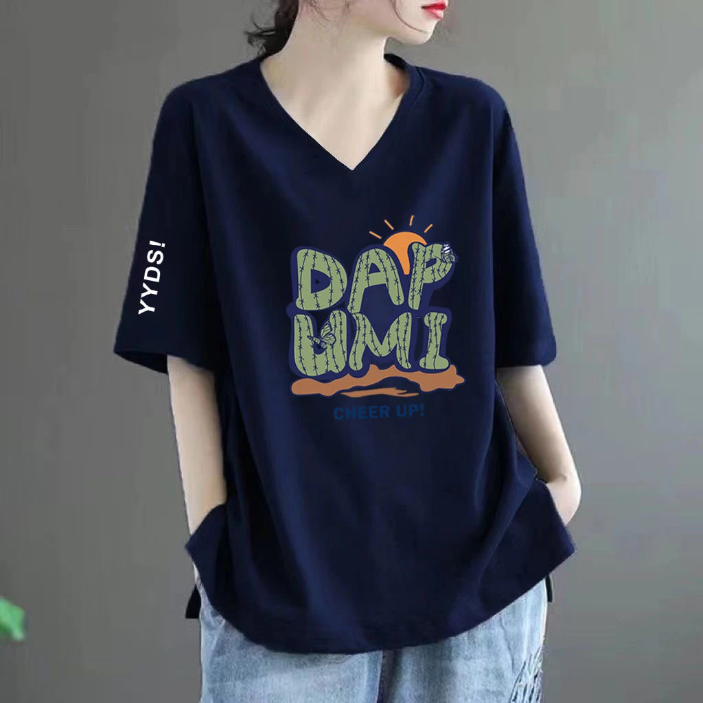 清仓捡漏~100%纯棉短袖中长款V领t恤女春夏新款宽松印花妈妈上衣